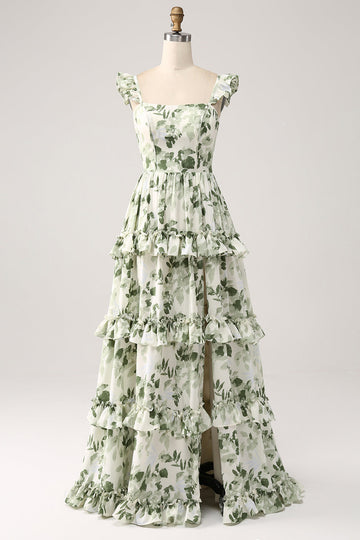 Verde floreale volant a più livelli Prom Dress con fessura